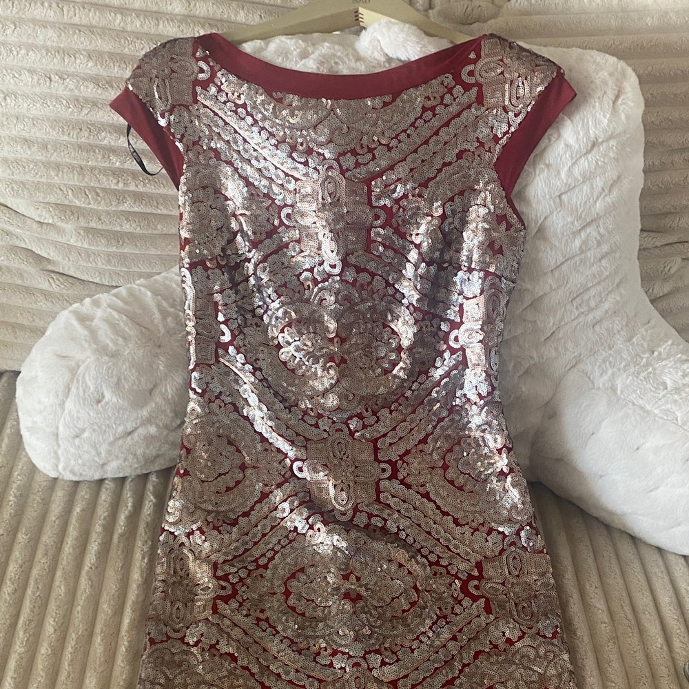 Tadashi Shoji Red and Silver Sequin Midi Dress